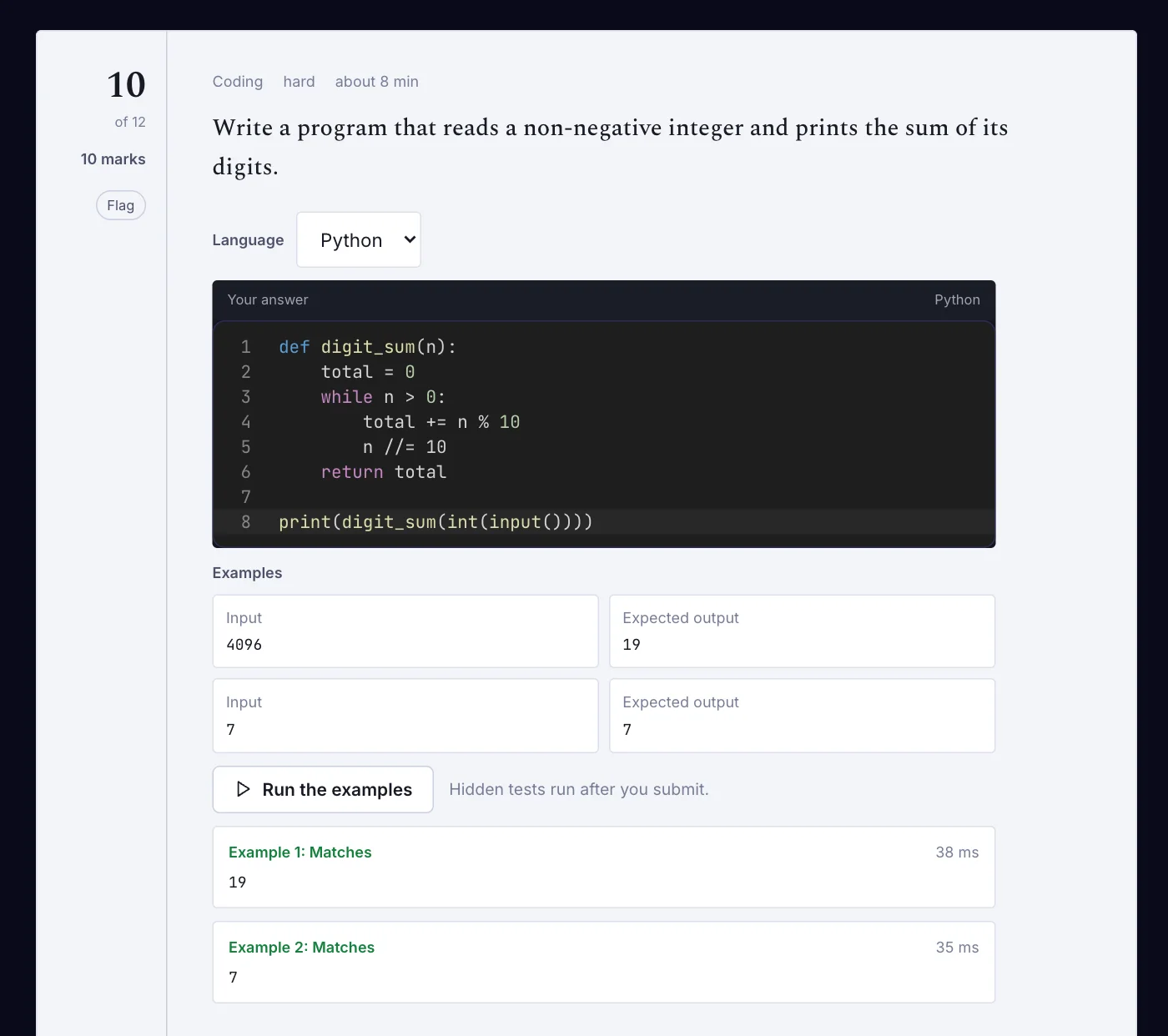 A coding question with a Python answer in the editor, and both examples showing Matches after running.