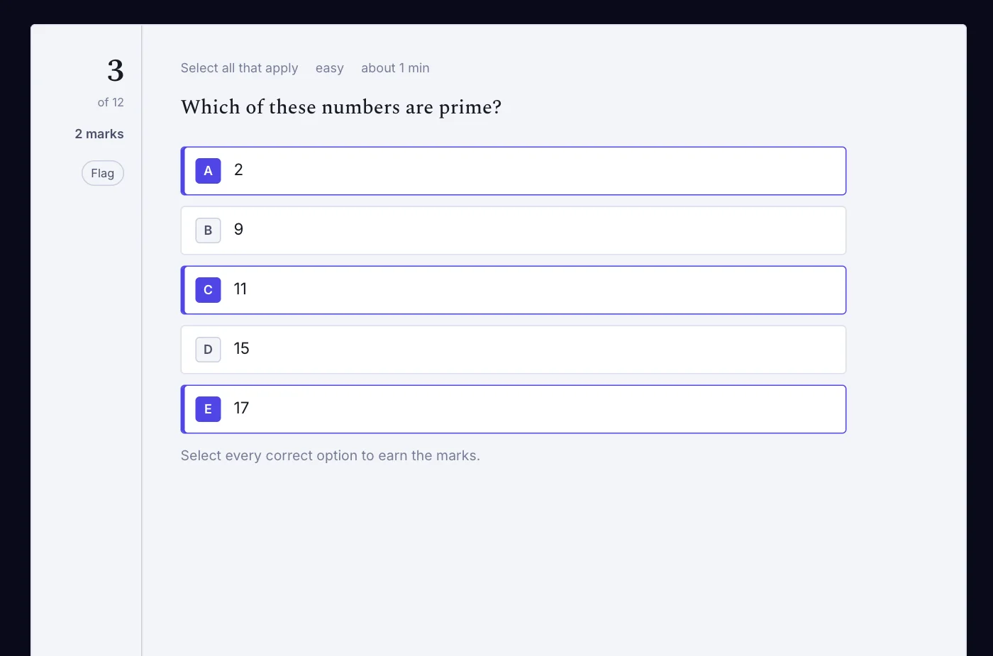 A select-all-that-apply question asking which numbers are prime, with 2, 11 and 17 selected.